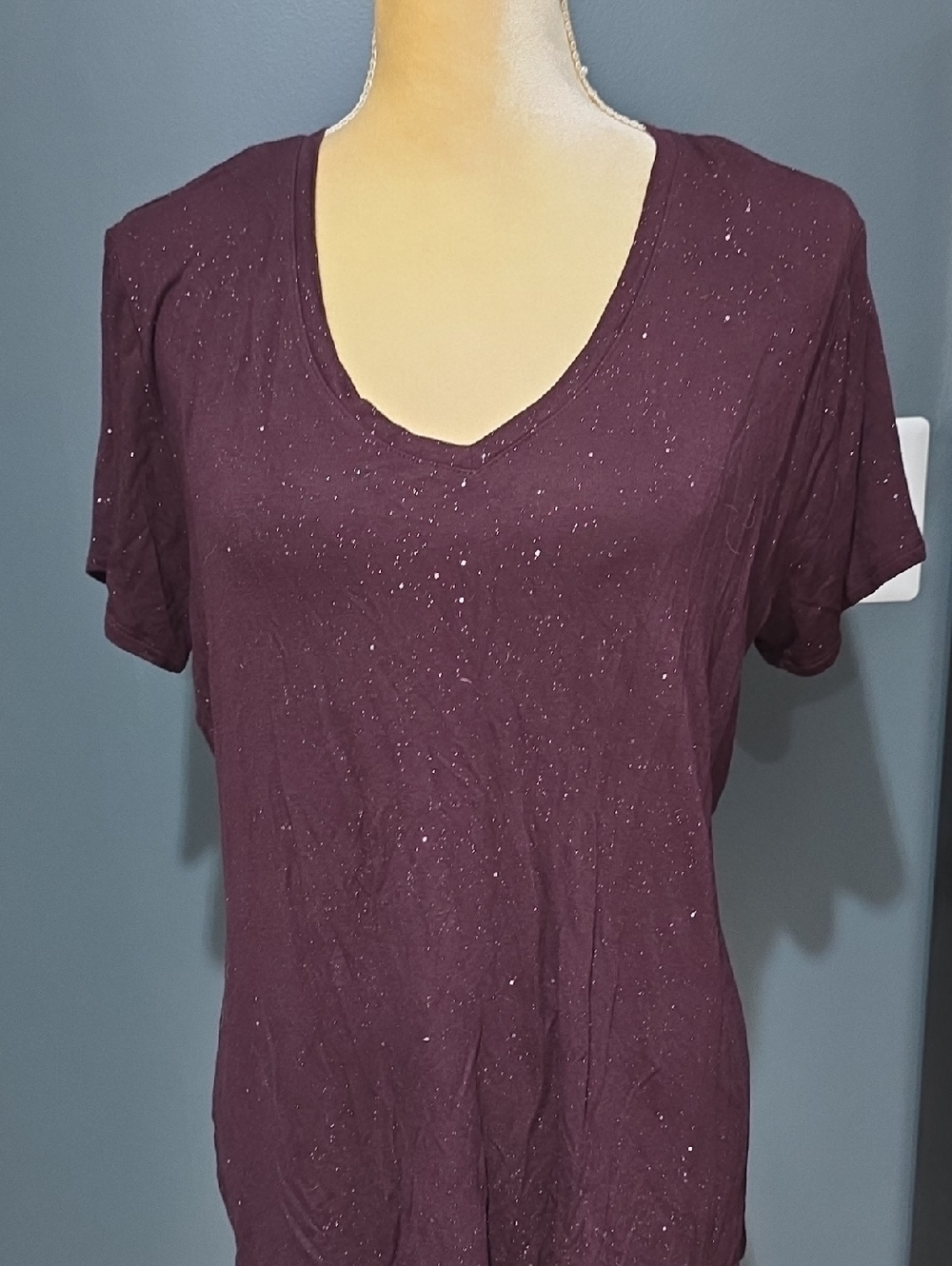 Celebrate Together V-Neck Rayon Tee Deep Plum with Metallic Speckled Detail XL